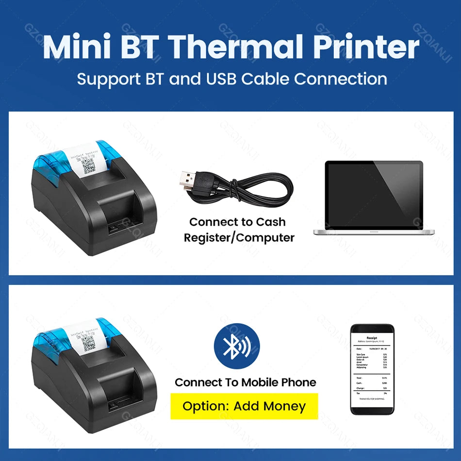 Mini Bluetooth Thermal Printer Wireless UBS Desktop 58Mm Receipt Bill Printers Loyverse POS Free App SII on Android Ios Windows
